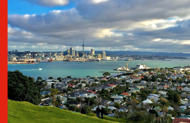 View from a hill looking across an Auckland suburb to the CBD in the background