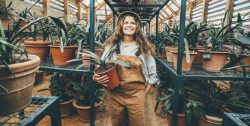 Woman Farmer Holds Flowers In A Greenhouse