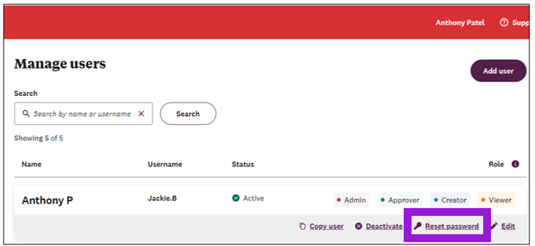 Manage users reset pw button
