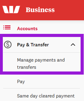Manage payments and transfers left-hand menu item