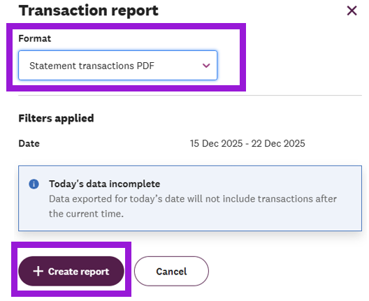 Create transaction report options