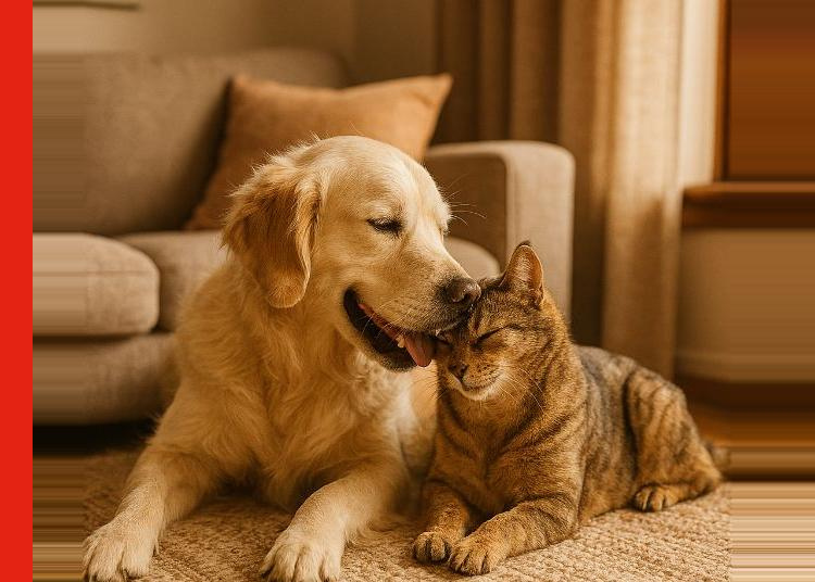 A dog being affectionate to a cat