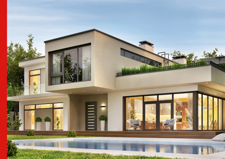 Housing Two story house with swimming pool, in front