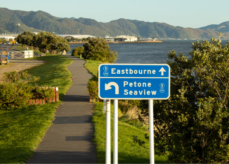 A landscape shot of Lower Hutt showing a roadsign for Eastbourne and Petone