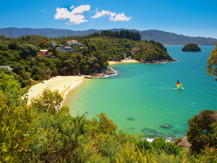 Aerial view of a Beautiful Bay with Sandy Beach near Nelson, New Zealand