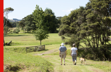 Retired couple walking the dog