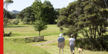 Retired couple walking the dog