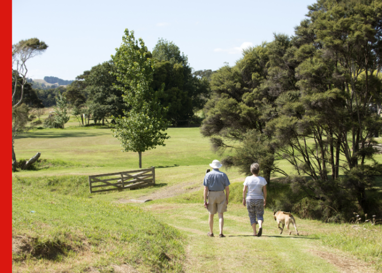 Retired couple walking the dog