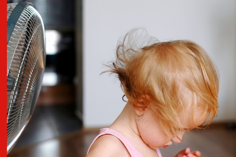 Photo of little girl in front of a standing fan